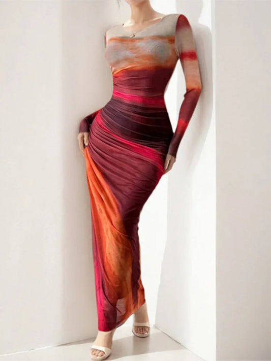 Autumn Temperament Sexy Slim Waisted Long-sleeved Dress Women's Elegant Commuting Round-neck Mid-waist Pleated Hip Skirt