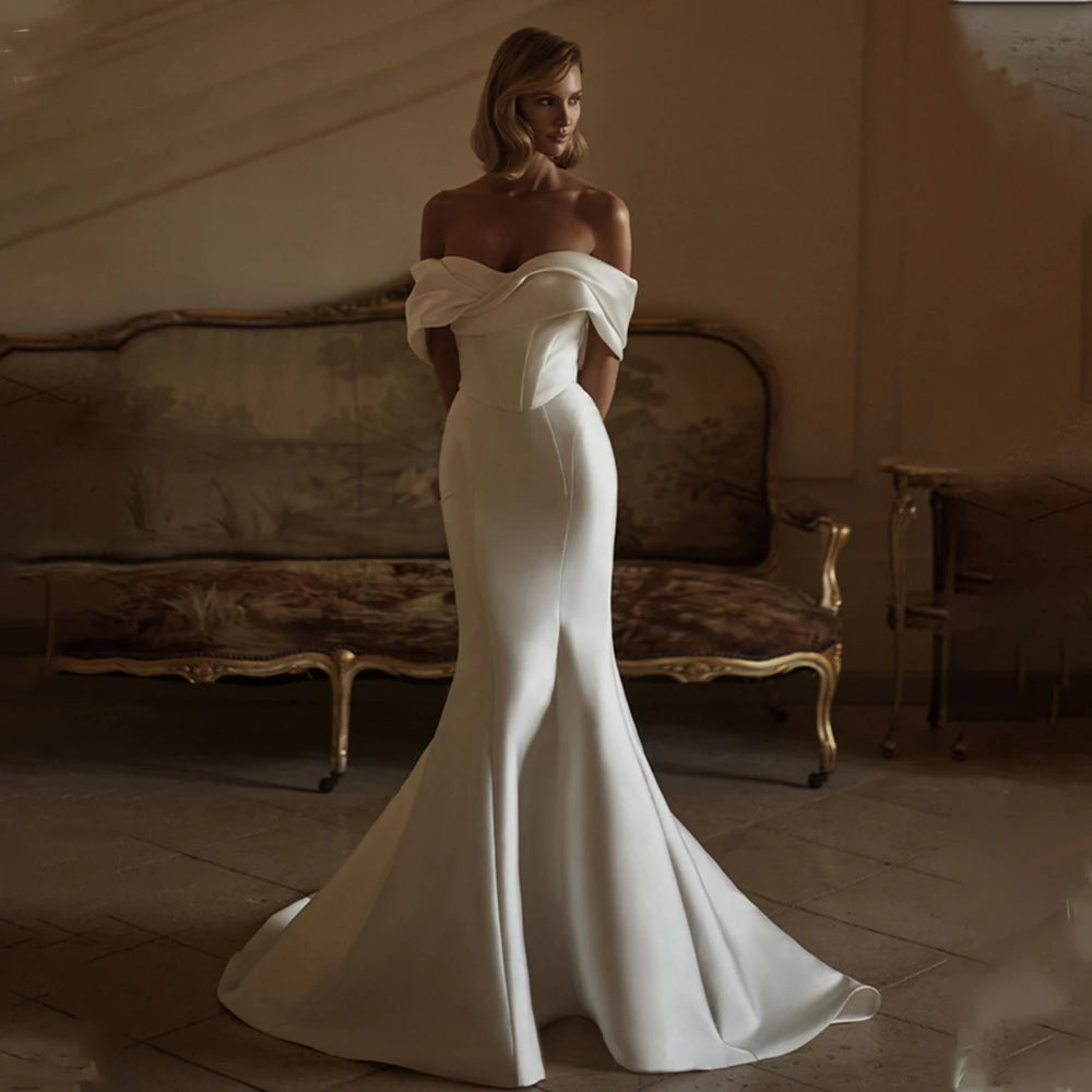 Elegant Off The Shoulder Pleat Sweetheart Satin Mermaid Wedding Dresses Sweep Train Custom Made 2025 Vestido De Noival