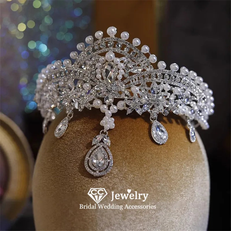 CC Bridal Crown Wedding Headpiece Women Hair Accessories Engagement Jewelry 100% Handmade Imitation Pearl Coronets Tiaras YQ243