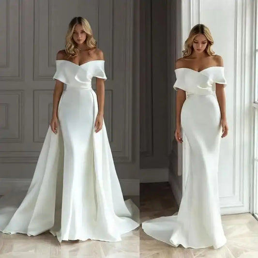 Detachable Trailing Wedding Dress Sweetheart Satin Mermaid Off the Shoulder Bridal Gowns Custom Made Vestidos De Novia