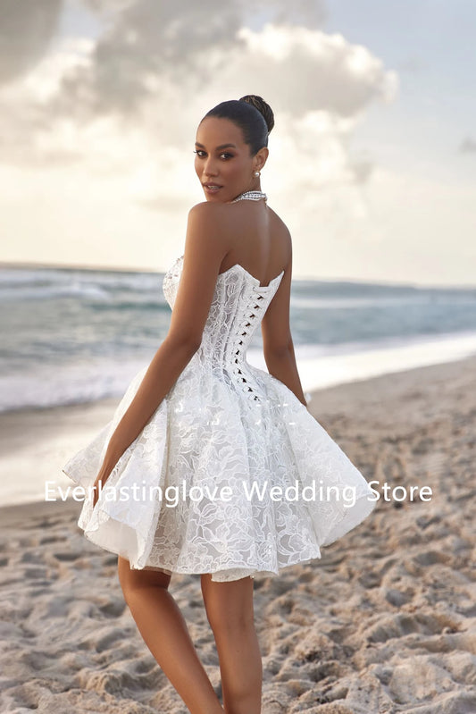 Affordable Short Lace Wedding Dress - Scoop Neck, Full Lace Design, Ruffled Hem - Perfect for Casual Weddings
