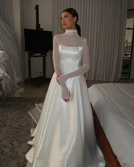 Luxurious HIgh Neck Full Sleeves Satin A Line Wedding Dresses With Long Scalf Sweep Train Custom Made 2025 Rode De Morrie