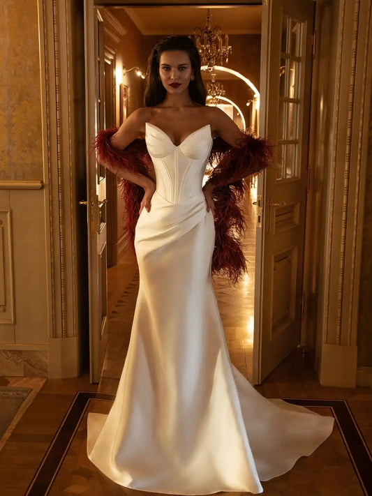 Mermaid Satin Corset Wedding Dress – Elegant Sweetheart Fitted Bridal Gown with Train | Maison Bridal