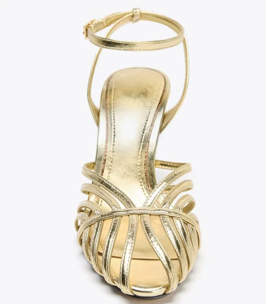 Elegant Gold Narrow Band Designer Brand Pumps Women Sexy Hollow Ankle Buckle Heel Sandals Fashion Banquet Dress Zapatos De Mujer