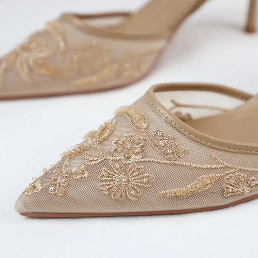 Luxury Mesh Embroidery High Heels Women Sexy Pointed Toe String Bead Slingback Heeled Sandals Summer Elegant Banquet Dress Shoes