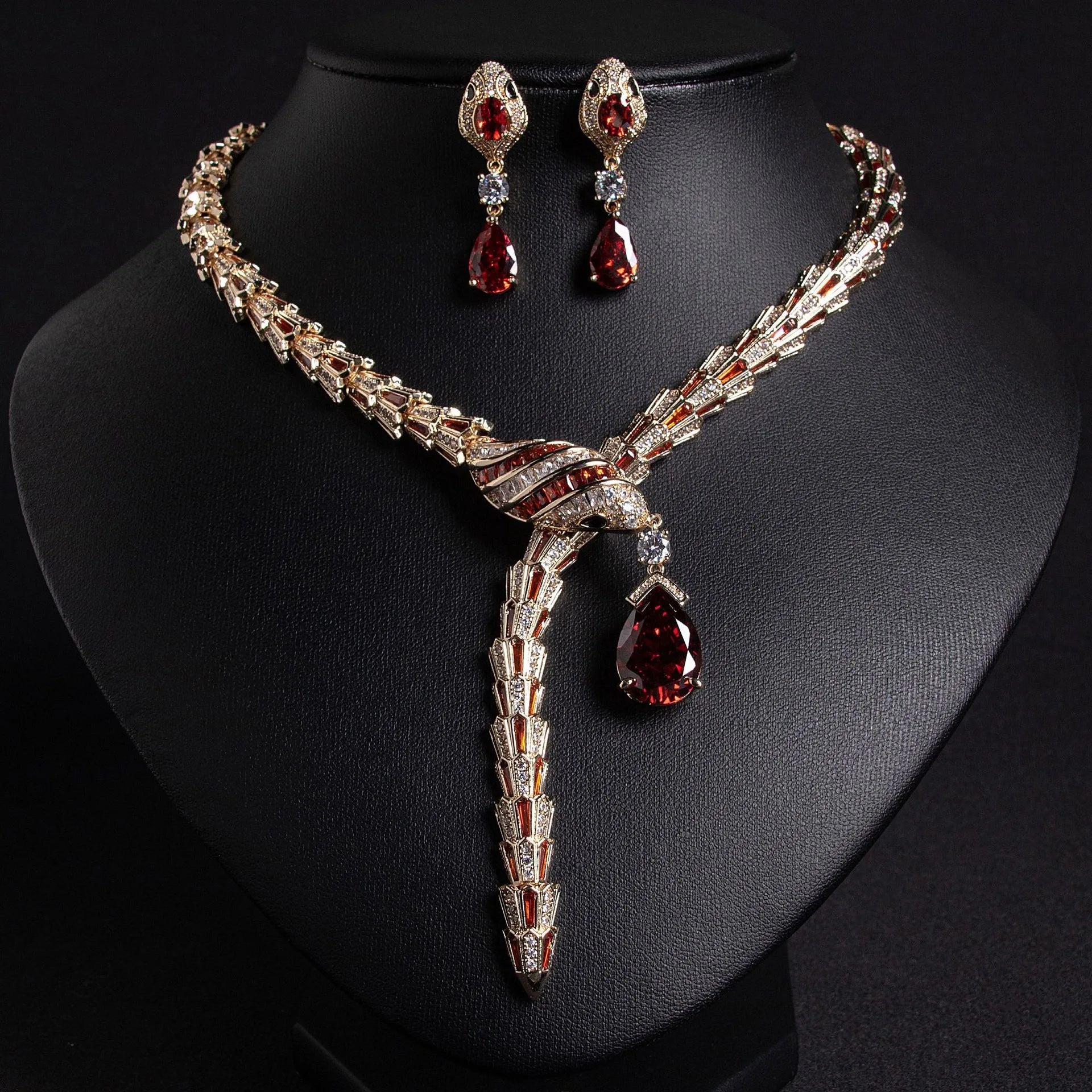 European and American Retro Elegant Red Snake-Shaped Necklace and Earrings Set Inlaid with 5A Zircon - High-Quality Fashion Jewe