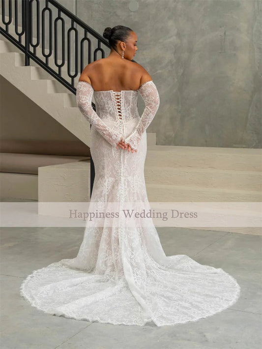 Customized Off-Shoulder Top See Through 3/4 Sleeve Mermaid Lace Evening Gowns Backless And Lace Up Wedding Dress