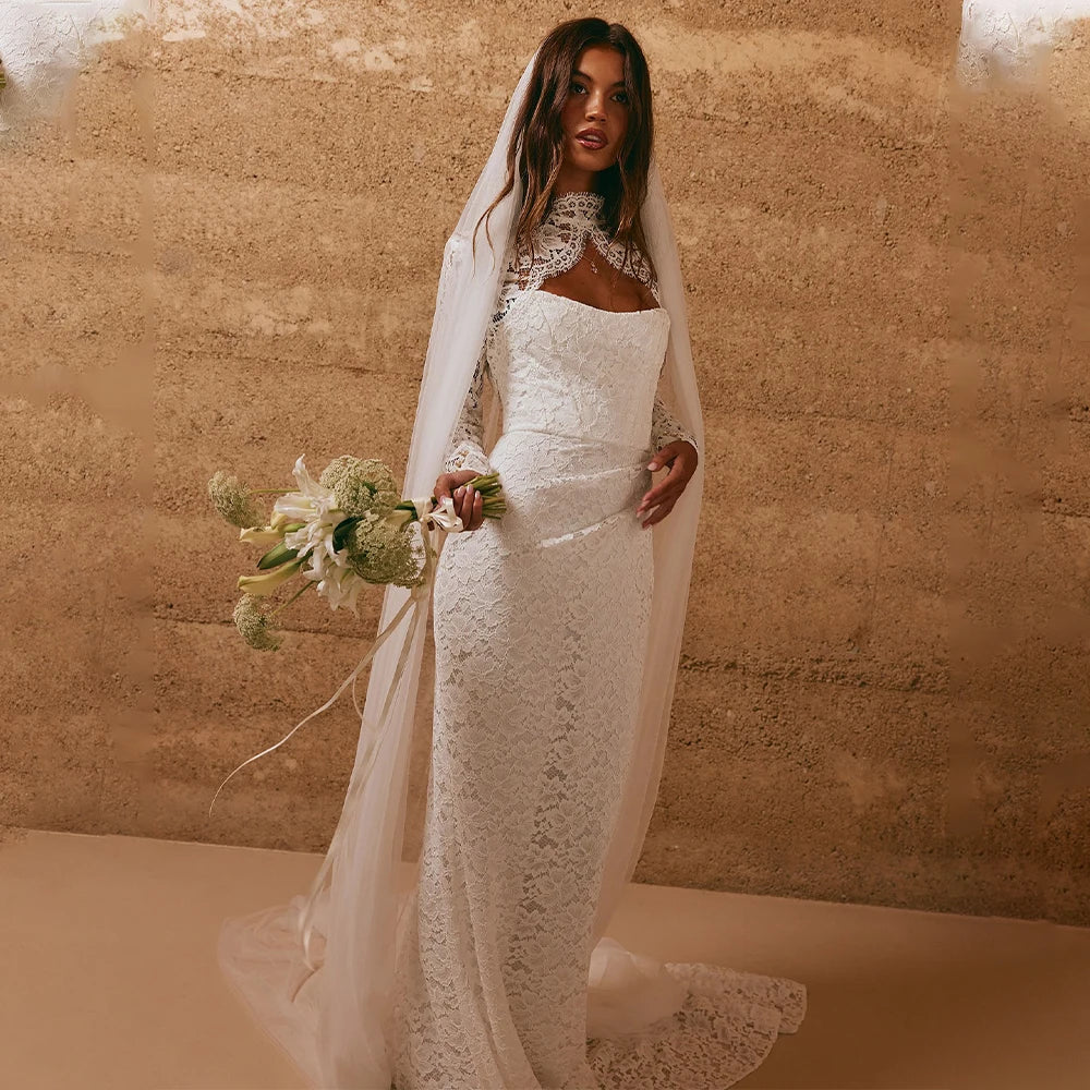 Elegant Fitted Lace Wedding Dress with Detachable Long Sleeve Jacket & Oversized Bow