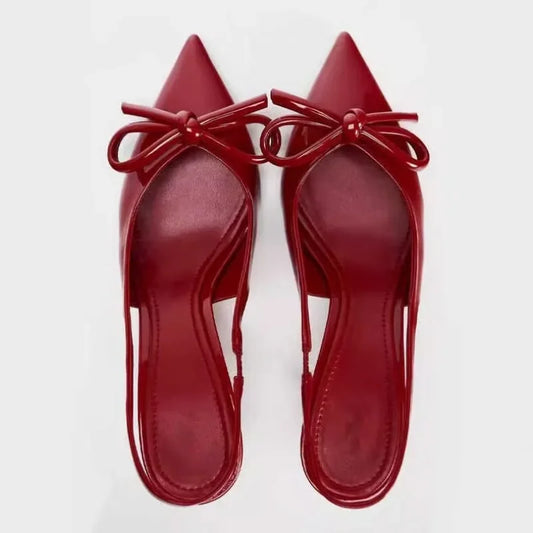 Fashion women's high heels sandals red sexy bow ankle belt women's pointed wedding party 2025 prom women's shoes large size