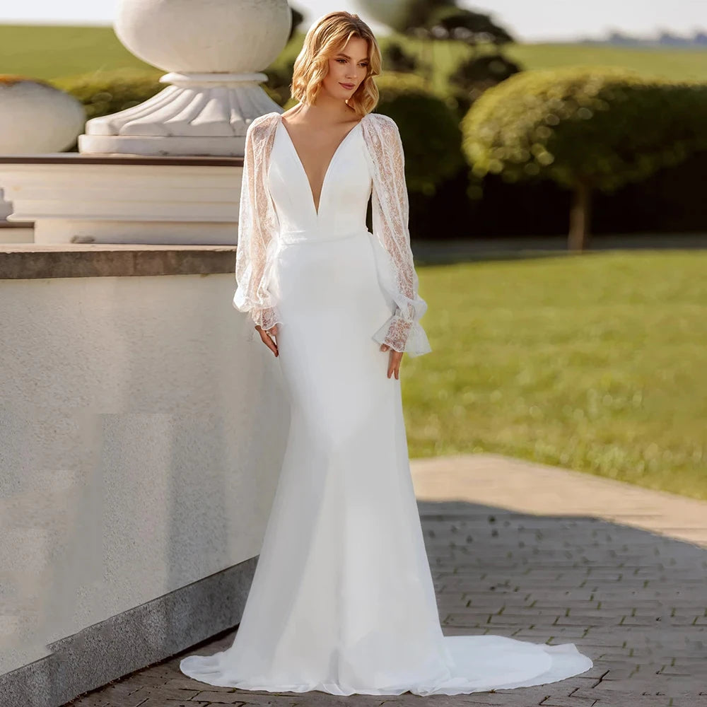 Elegant Mermaid Wedding Dresses V Neck Customized Full Sleeve Bride Gown With Lace Applique A-Line Court Train Summer New