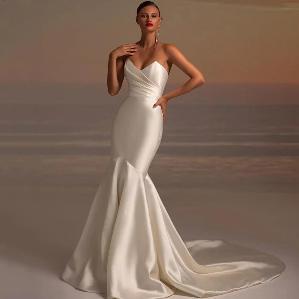 Classic Mermaid Wedding Dress Strapless V-Neck Sleeveless Satin Bride Gown Pleat Civil Marriage Dresses Princess Bridal Robe