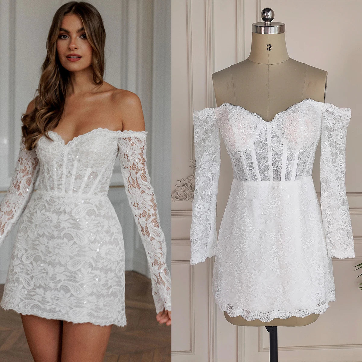 Off Shoulder Sequins Lace Mini Bridal Gowns Long Sleeves Corset Grommet Closure Customized Above Knee Sweetheart Wedding Dress
