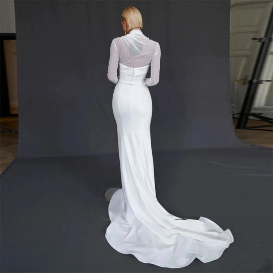 2025 Women Wedding Dresses High Neck Long Sleeves Pleats Crepe Mermaid Wedding Dress For Women Illusion Zipper Back