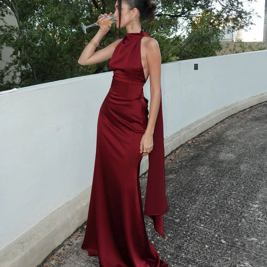 Temperament Elegant Evening Dress Women Satin Solid Color Sexy Hollow Out Backless Slim Party Banquet Dresses Lady Long Vestidos