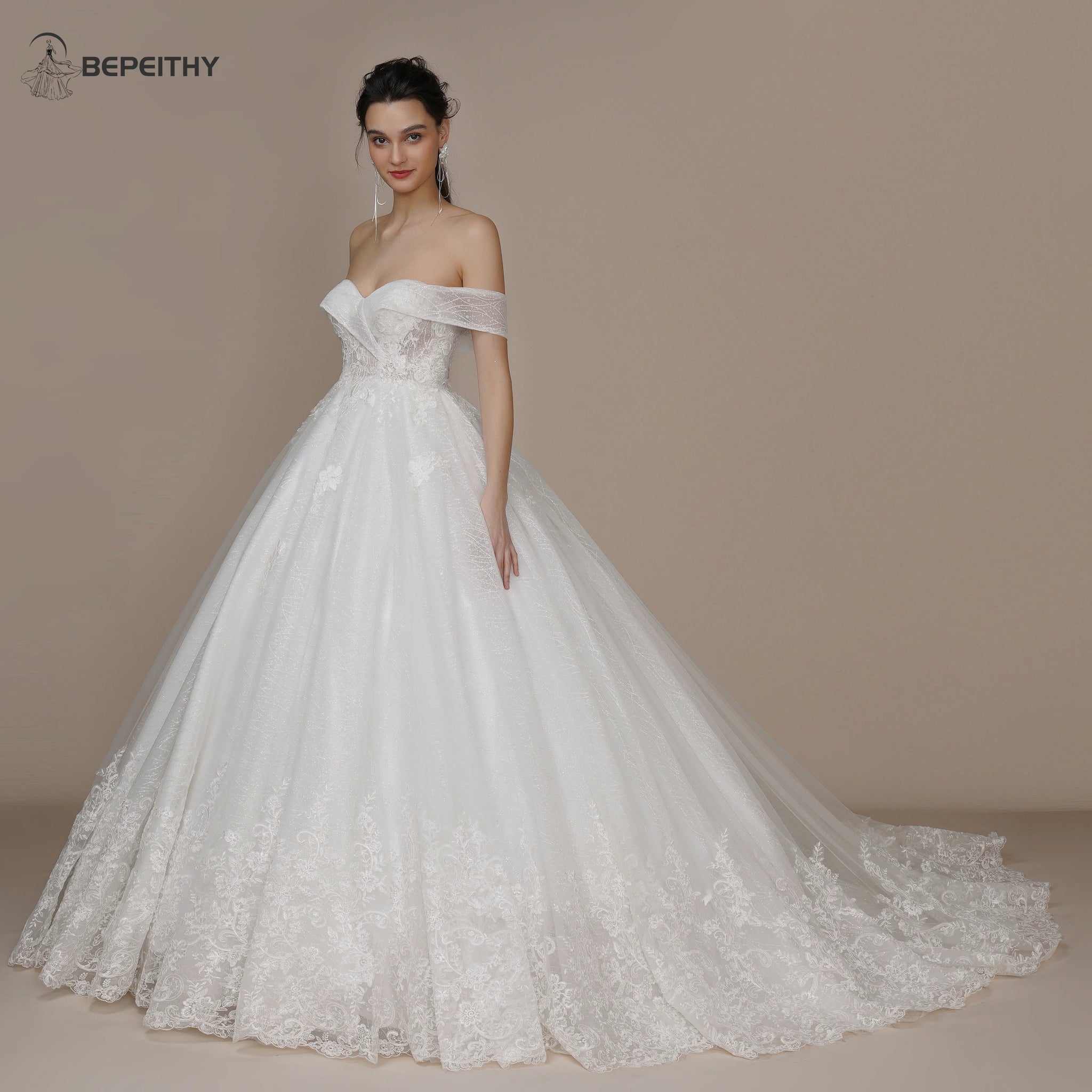 BEPEITHY Customized Princess Vintage Wedding Dress For Women Strapless Court Train Detachable Sleeves Glittle Bridal Ball Gown