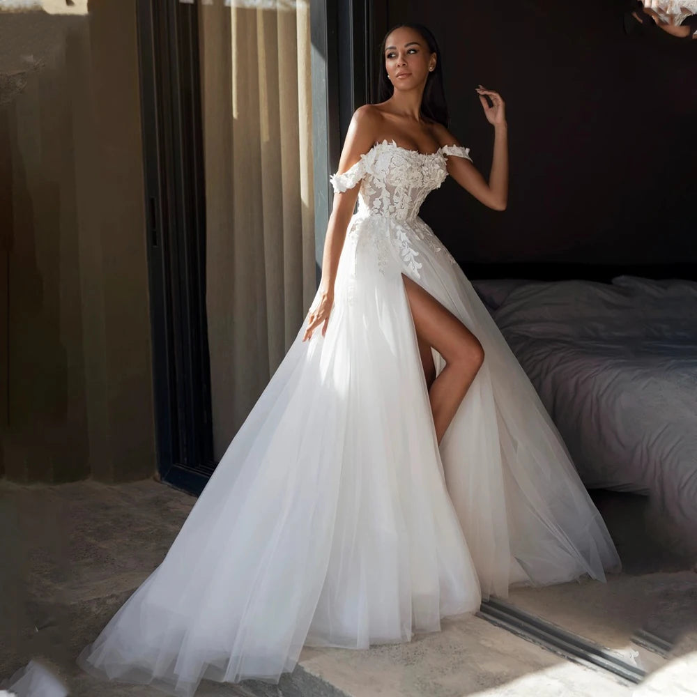 Moder Off The Shoulder 3D Flower Lace Applique Tulle Organza Boho Beach A Line Wedding Dresses Side Slit Custom Made 2023 Vestid