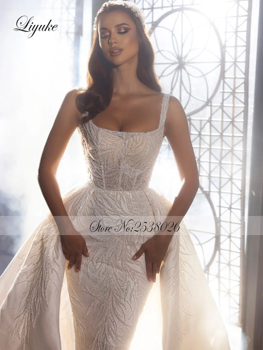 Liyuke Customize Square Collar 2 In 1 Mermaid Wedding Dresses Luxury Beading Pearls Embroidery Lace Spaghetti Straps Bridal Gown