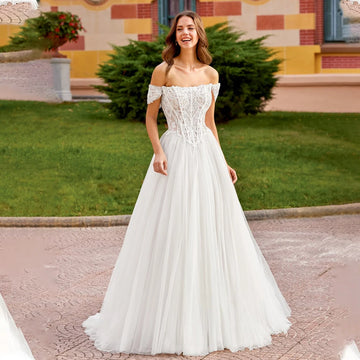 Popular Strapless Lace Appliqe Bridak Grown A Line Wedding Dresses With Cap Sleeves Sweep Train 2026 Vestido De Noival