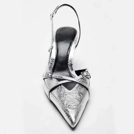 Luxury Silver Mules High Heels Women Sexy Pointed Toe Slingbacks Thin High Heels Sandals Elegant Metal Buckle Design Women Pumps