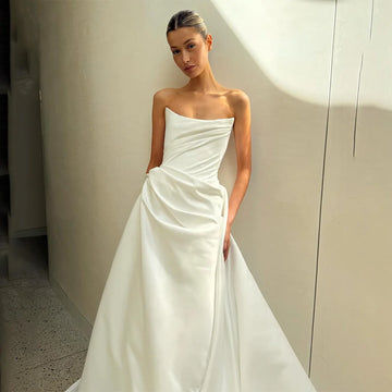 New Strapless Pleat Satin Mermaid Wedding Dresses Detachable Train Corset Back 2026 Vestido De Noival