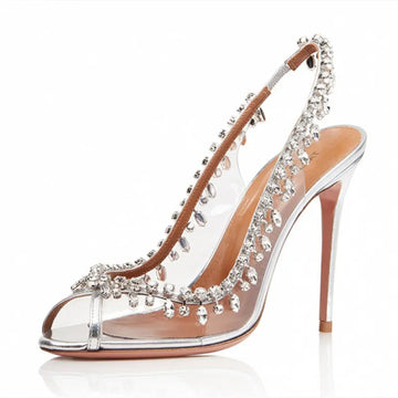 Silver Pink PVC Clear Heeled Sandals Women Pumps Sexy Rhinestones Thin High Heels Shoes Pointed Toes Party Nightclub Sandals