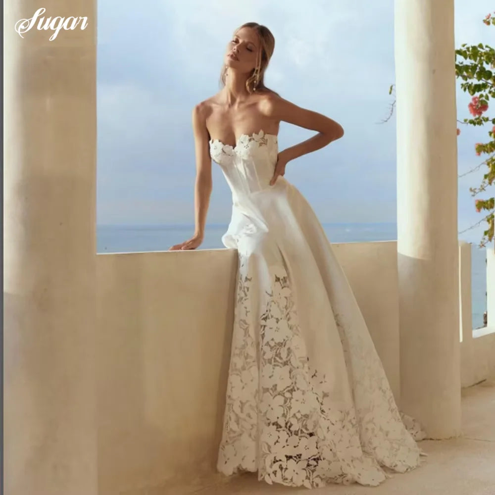 Customized Sweetheart Wedding Dress Off Shoulder Lace Appliques Illusion Sleeveless 2025 Backless A-Line Simple Bridal Gown