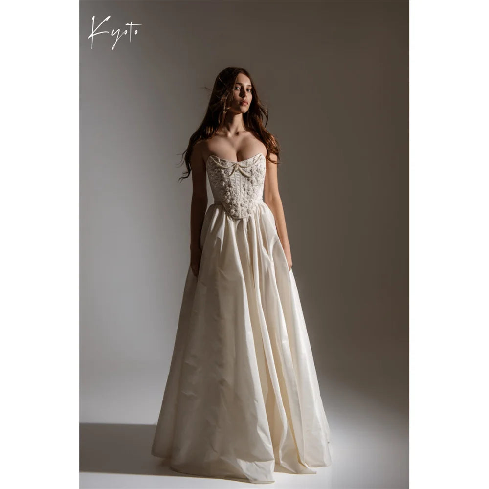 Kyoto Customized Gorgeous Flowers Pearl Chain Strapless Corset Wedding Dress A-Line vestidos de novia Sweep Train Evening Dress