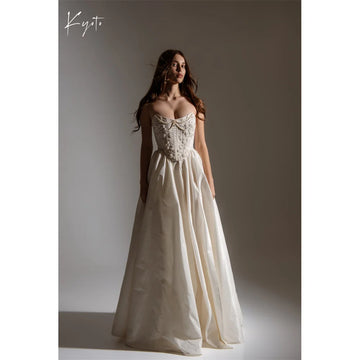Kyoto Customized Gorgeous Flowers Pearl Chain Strapless Corset Wedding Dress A-Line vestidos de novia Sweep Train Evening Dress