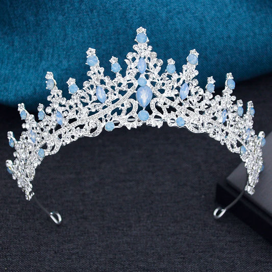 Silver Color Opal Blue Wedding Crown Jewelry sets for Women Tiaras and Earrings necklace set Princess Girls Prom Gifts Accessory