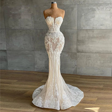 Flavinke Customized Mermaid Lace Ivory Wedding Gown Strapless Wedding Dresses Sleeveless Wedding Dresses Bride robe de mariée