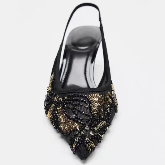 Luxury Bling Brand Designer Heeled Sandals Women Mesh String Bead Design Elegant Mule Shoes Fashion Wedding Bridal Heels Pumps