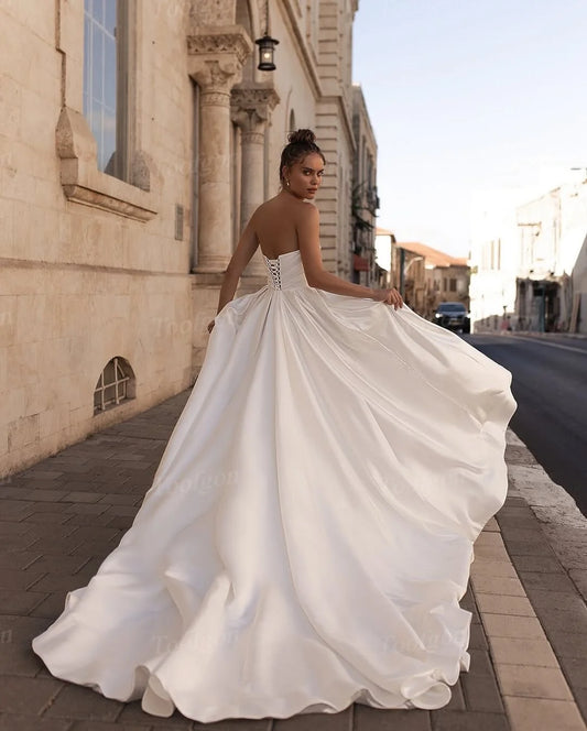 Toofgon A Line Satin Bride Wedding Dresses Customized Strapless High Slit Corset Back Bridal Gowns Formal Wedding Photo Shoot