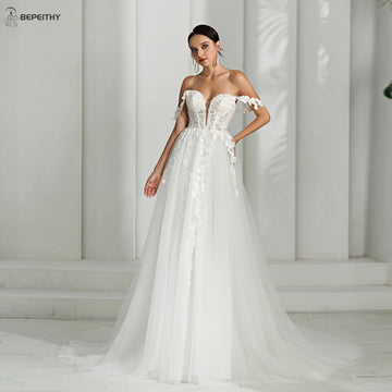 BEPEITHY Customized V Neck A Line Wedding Dresses For Women 2024 Spring Lace Off Shoulder Bride Bridal Gown Vestidos De Novias