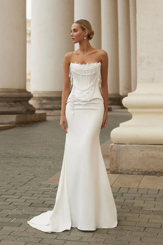 Pearl Corset Wedding Dress – Elegant Strapless Satin Bridal Gown with Draped Bodice & Train | Maison Bridal