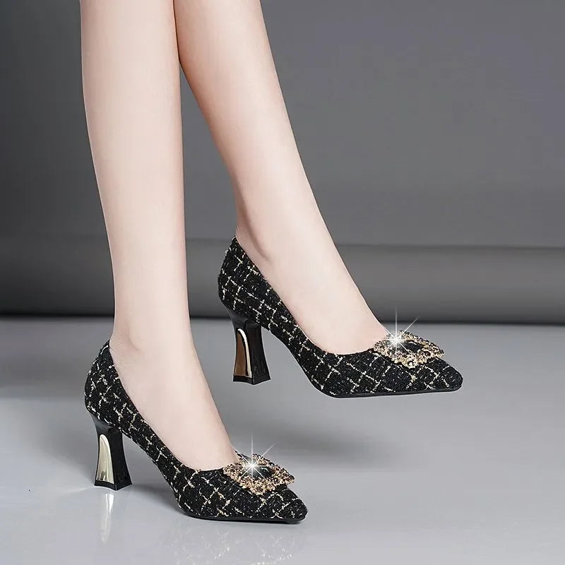 women fashion high quality crystal black suede stiletto heels for sexy party lady cute sweet beige office heel pumps zapato a135