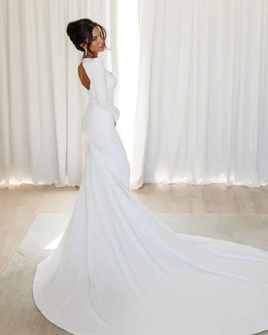 Customized Elegant Wedding Dress 2025 Mermaid Long Sleeve Bridal Gown Square Neck Button Court Train Classic Bride Dress
