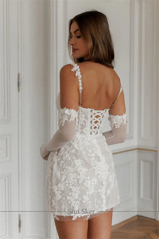 Customized Spaghetti Straps Mini Wedding Dress Applique Lace Short Bridal Dress Gorgeous Gown for Bride Elegant Party Attire