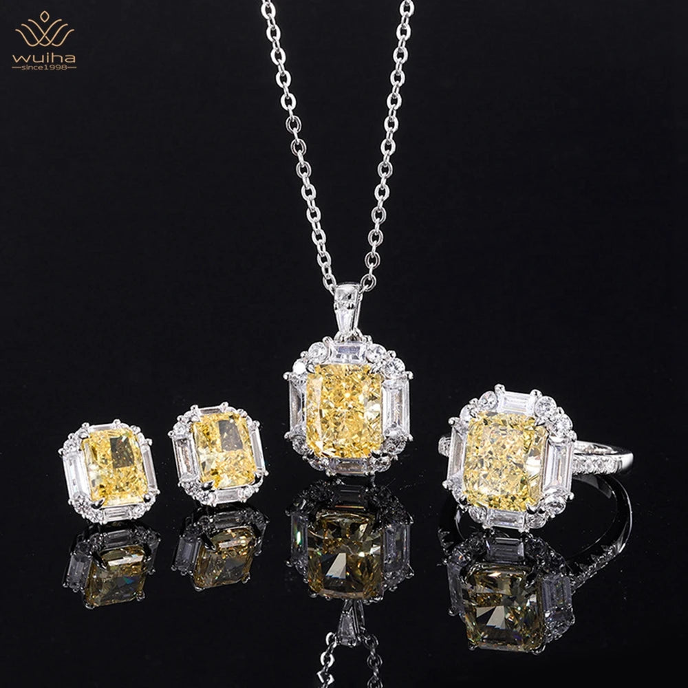 WUIHA Luxury 925 Sterling Silver 8*10MM Yellow Sapphire Courndum Ring/Earrings/Pendant/Necklace Engagement Jewelry Set Wholesale