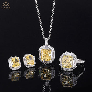 WUIHA Luxury 925 Sterling Silver 8*10MM Yellow Sapphire Courndum Ring/Earrings/Pendant/Necklace Engagement Jewelry Set Wholesale