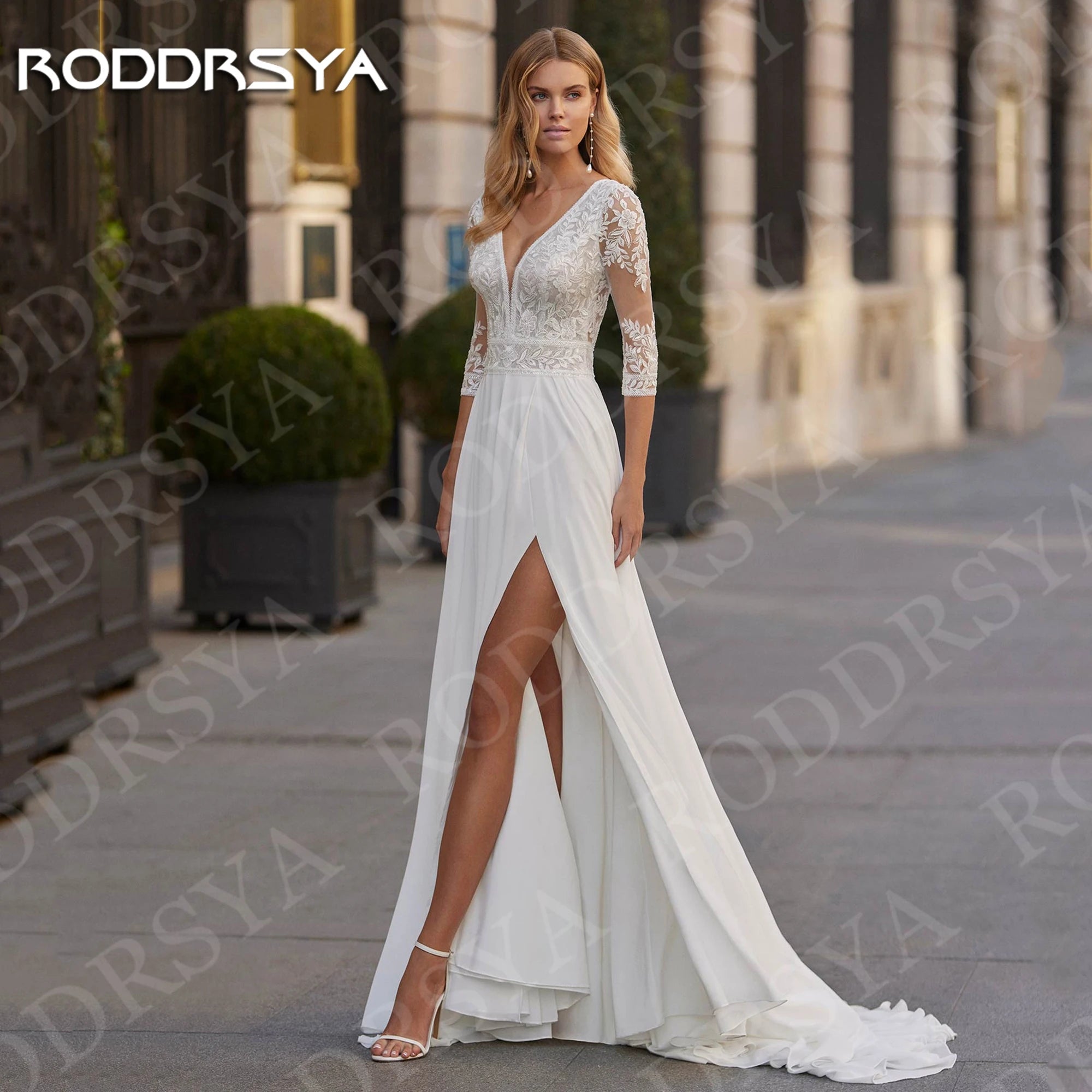 RODDRSYA Modern A Line Wedding Dress Chiffon Split Front Illusion Lace Three-Quarter Sleeves Bridal Dresses Open Back Customized