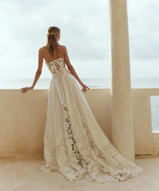 Strapless Corset Floral Lace Wedding Dress – Luxury A-Line Bridal Gown with Embroidered Details | Maison Bridal