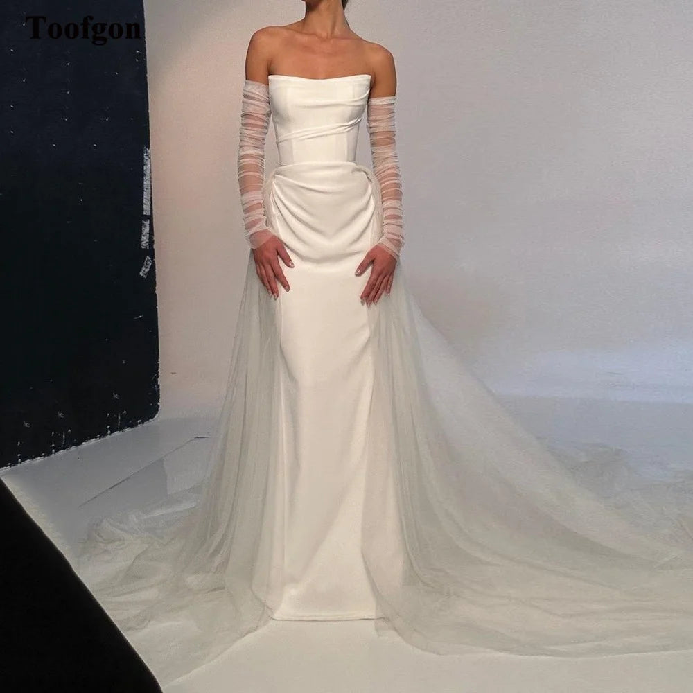 Mermaid Satin Bride Wedding Dresses Tulle Skirt Detachable Long Sleeves Bridal Wedding Party Gowns Formal Party Dress Customized