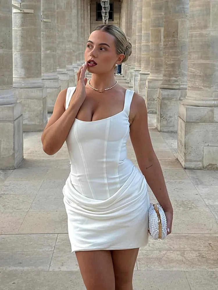 Solid Pleated Hem Sling Mini Dress Women Elegant U-neck Sleeveless Backless Bandage Slim Dresses Summer Evening Club Party Gown