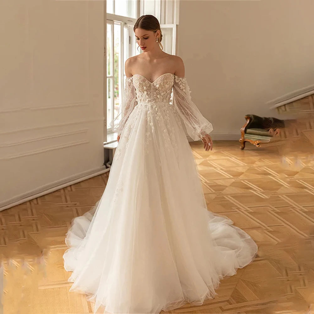 Charning Long Sleeves 3D Flower Lace Applique Bridal Grown A Line Wedding Dresses Long Puff Sleeves  2026 Vestido De Noival