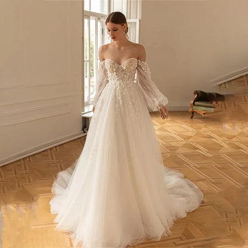 Charning Long Sleeves 3D Flower Lace Applique Bridal Grown A Line Wedding Dresses Long Puff Sleeves  2026 Vestido De Noival