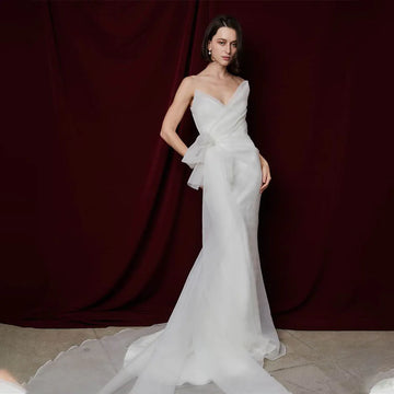 Modern V-neck Pleat Organza Sheath/Mermaid Wedding Dresses Custom Made 2026 Vestido De Noival