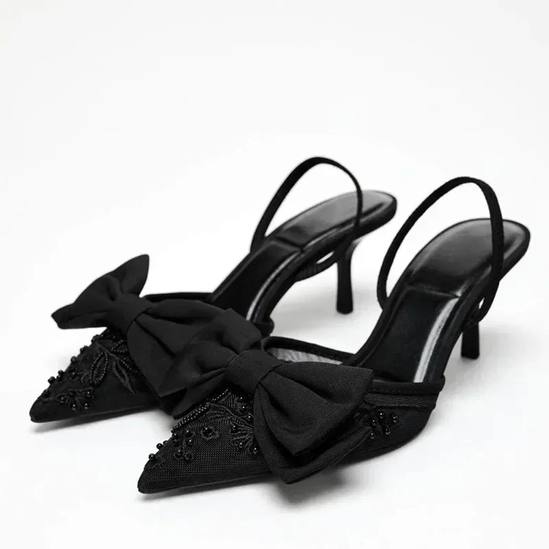 Black Mesh Beaded Decoration Heeled Sandals Women Sexy Pointed Toe Slingbacks Thin High Heels Elegant Bow Designer Women Pumps