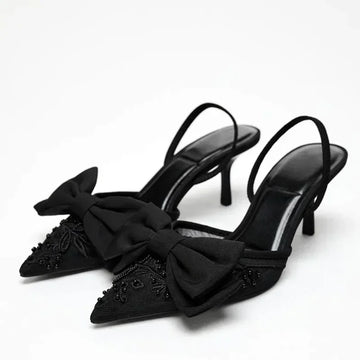 Black Mesh Beaded Decoration Heeled Sandals Women Sexy Pointed Toe Slingbacks Thin High Heels Elegant Bow Designer Women Pumps