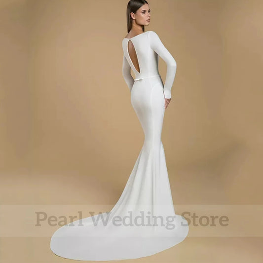 Simple Boat Neck Mermaid Wedding Dress Long Sleeve Sheath with Belt Floor Length Sweep Train Open Back Bridal Civil Gowns