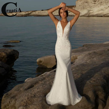 Croatia Fancy Backless Wedding Dresses for Bride Mermaid Satin Appliques Deep V Neck Detachable Train Robe De Mariee Customized